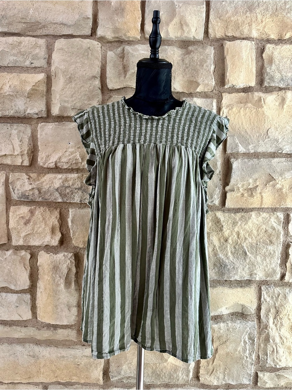 Old Navy Olive and White Striped Ruffle Sleeve Blouse